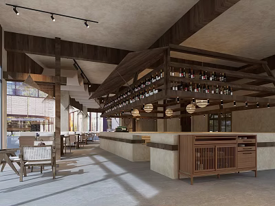 Traditional Teahouse Interior With Wooden Structure Hanging Lanterns Counter Area Tables Chairs And Natural Sunlight 3d model