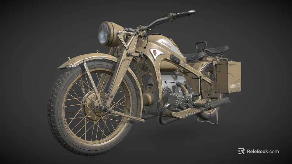 Vintage Khaki Motorcycle with Classic Headlight Side Case Metal Frame and Leather Seat 3d model 