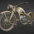 Vintage Khaki Motorcycle with Classic Headlight Side Case Metal Frame and Leather Seat