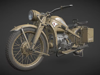 Vintage Khaki Motorcycle with Classic Headlight Side Case Metal Frame and Leather Seat 3d model