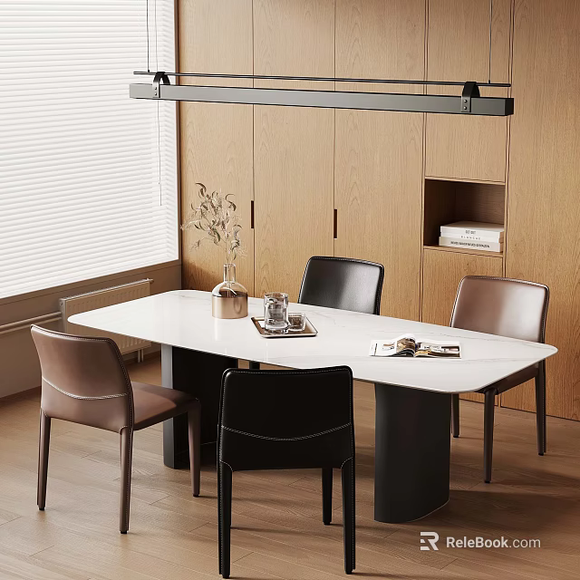Modern Dining Area With Rectangular White Table Wooden Cabinets And Pendant Light 3d model