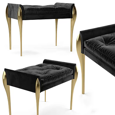 Black Velvet Sofa Stool with Gold Metal Legs Padded Seat Modern Elegant Design 3d model
