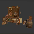Rustic Interior With Wooden Cabinet Table Barrels Firewood Broom Food And Bottles