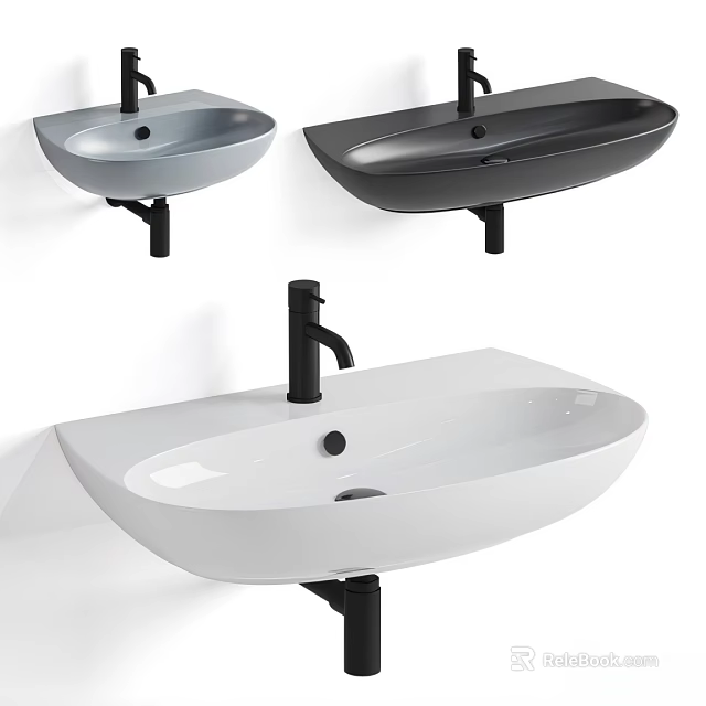 Modern Wall Mounted Washbasins in Gray Black and White with Black Faucets 3d model 