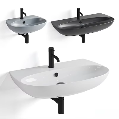 Modern Wall Mounted Washbasins in Gray Black and White with Black Faucets 3d model