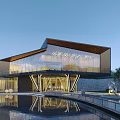Modern Sales Office Building With Glass Facade Pool Reflection And Landscaped Surroundings