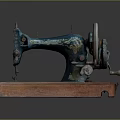 Vintage Blue Sewing Machine With Rustic Finish On Wooden Base