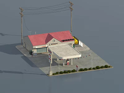 Gas Station Building With Red Roof Fuel Pumps And Utility Poles Setup 3d model