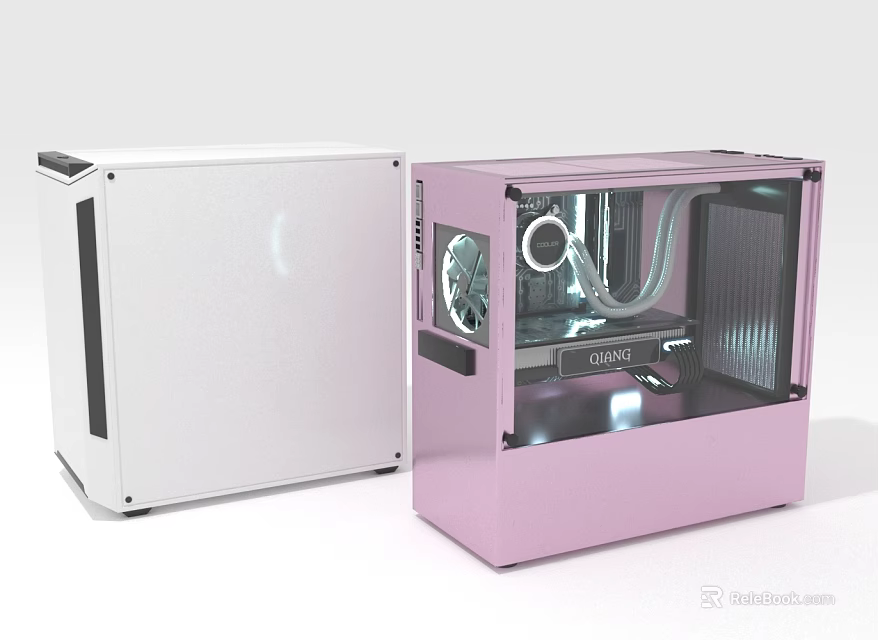 White And Pink Computer Cases With Transparent Side Panels And Visible Interior Components 3d model 