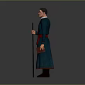 Game Movie Character in Blue Robe with Red Belt Holding Staff and Book