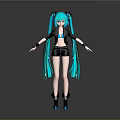 Anime Character Design With Turquoise Long Twin Ponytails Black Leather Jacket And Shorts