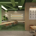 Modern Milk Tea Shop Interior With Green Counter Round Tables And Brown Chairs
