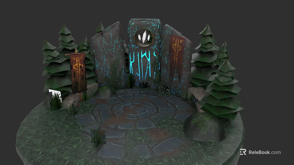 Scenic Campsite with Stone Paved Ground Surrounded by Pine Trees and Glowing Symbols on Rocks 3d model 