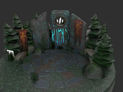 Scenic Campsite with Stone Paved Ground Surrounded by Pine Trees and Glowing Symbols on Rocks 3d model