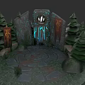 Scenic Campsite with Stone Paved Ground Surrounded by Pine Trees and Glowing Symbols on Rocks