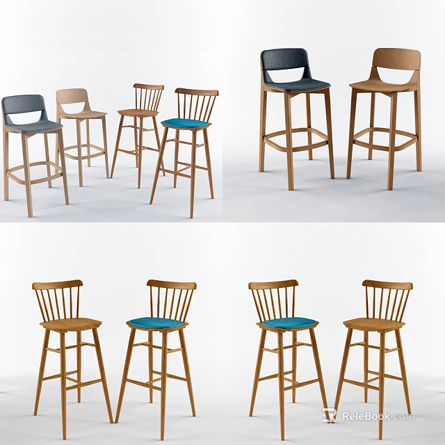 Modern Bar Stools With Wooden Frames Different Designs And Blue Seats 3d model