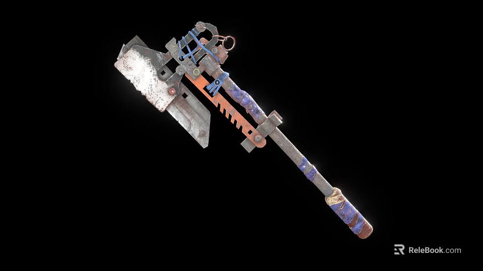 Decorative Battle Axe With Metal Blade Wooden Handle And Blue Orange Accents 3d model 