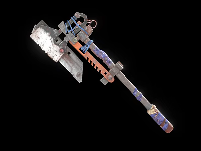 Decorative Battle Axe With Metal Blade Wooden Handle And Blue Orange Accents 3d model