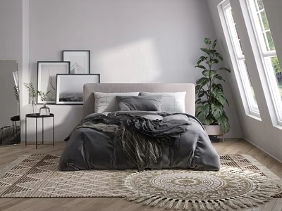 Double Bed with Gray Bedding Framed Pictures Potted Plant Near Window and Wooden Floor Rug 3d model