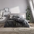 Double Bed with Gray Bedding Framed Pictures Potted Plant Near Window and Wooden Floor Rug