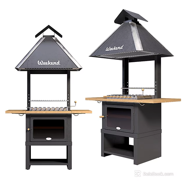 Woodland And Outback Freestanding Stoves With Hooded Tops Wooden Countertop And Cabinet Doors 3d model 