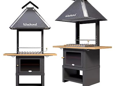 Woodland And Outback Freestanding Stoves With Hooded Tops Wooden Countertop And Cabinet Doors 3d model