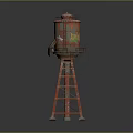 Vintage Red Water Tower Structure With Metal Frame Top Tank And Ladder