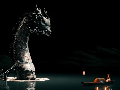 Giant Dragon Figure In Water With Small Boat Person And Lantern At Night Scene 3d model