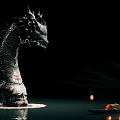 Giant Dragon Figure In Water With Small Boat Person And Lantern At Night Scene
