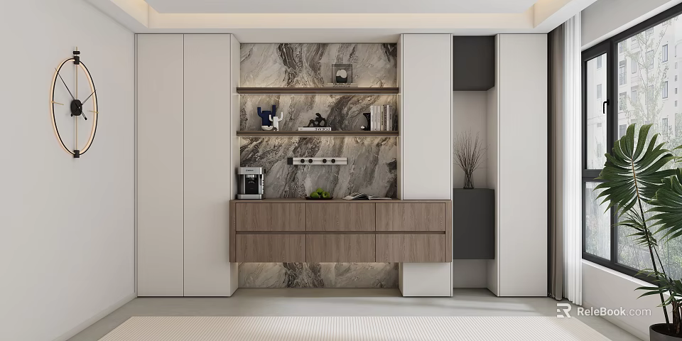 Modern Sideboard With Marble Backdrop White Wood Open Shelves Decorative Items And Potted Plant 3d model 