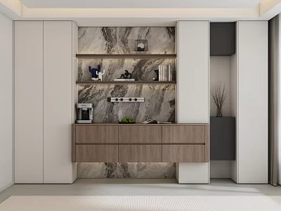 Modern Sideboard With Marble Backdrop White Wood Open Shelves Decorative Items And Potted Plant 3d model