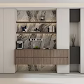 Modern Sideboard With Marble Backdrop White Wood Open Shelves Decorative Items And Potted Plant