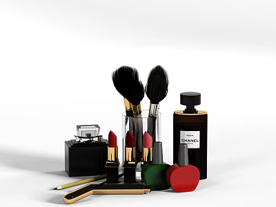 Elegant Perfume and Cosmetics Set With Makeup Brushes Lipsticks and Powder Compact 3d model