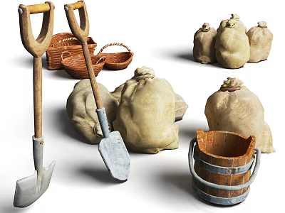 Essential Agricultural Equipment With Shovels Baskets Sacks And Wooden Bucket For Farm Use 3d model