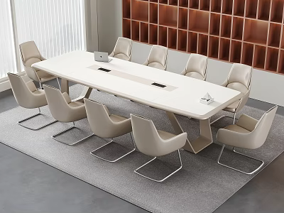 Modern White Conference Table In Meeting Room With Beige Leather Chairs Around 3d model