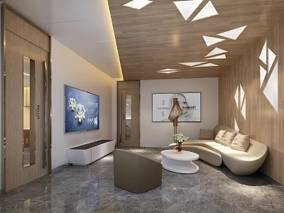 Modern Leisure Area With Wooden Ceiling Curved Sofa TV Decorative Painting And Geometric Lighting 3d model