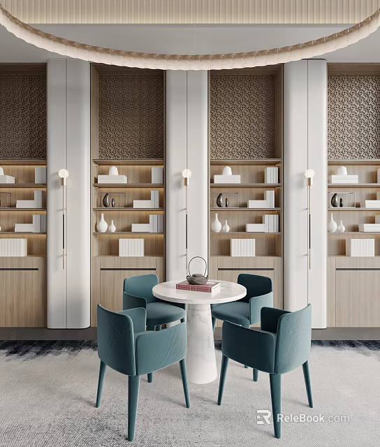 Elegant Modern Interior With Round White Table And Blue Chairs Near Bookshelves 3d model 