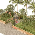 Lush Green Crops Growing In Garden With Bamboo Fence Palm Trees And Stone Pathway