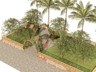 Lush Green Crops Growing In Garden With Bamboo Fence Palm Trees And Stone Pathway 3d model