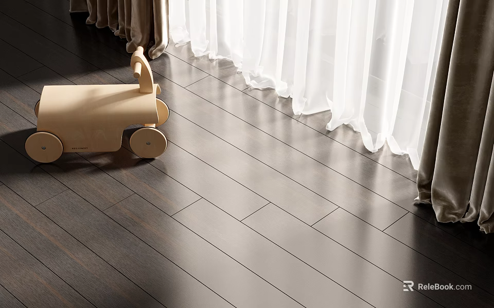 Electric Toy Car Made Of Wood On Shiny Wooden Floor With White Curtains And Sunlight 3d model 