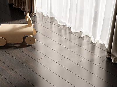 Electric Toy Car Made Of Wood On Shiny Wooden Floor With White Curtains And Sunlight 3d model