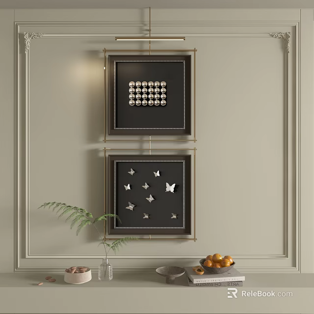 Abstract Paintings In Black Frames With White Small Squares And Silver Butterfly Decorations On Wall 3d model 