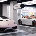 Modern Luxury Car Dealership Showroom With Sports Cars Glass Partitions And White Pillars