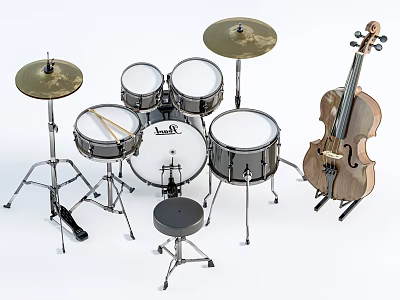 Professional Acoustic Drum Set With Cymbals And Handcrafted Wooden Violin For Music Enthusiasts 3d model