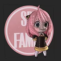 Cute Pink Haired Doll with Big Eyes in Black Outfit and Pink Circular Family Background 3d model