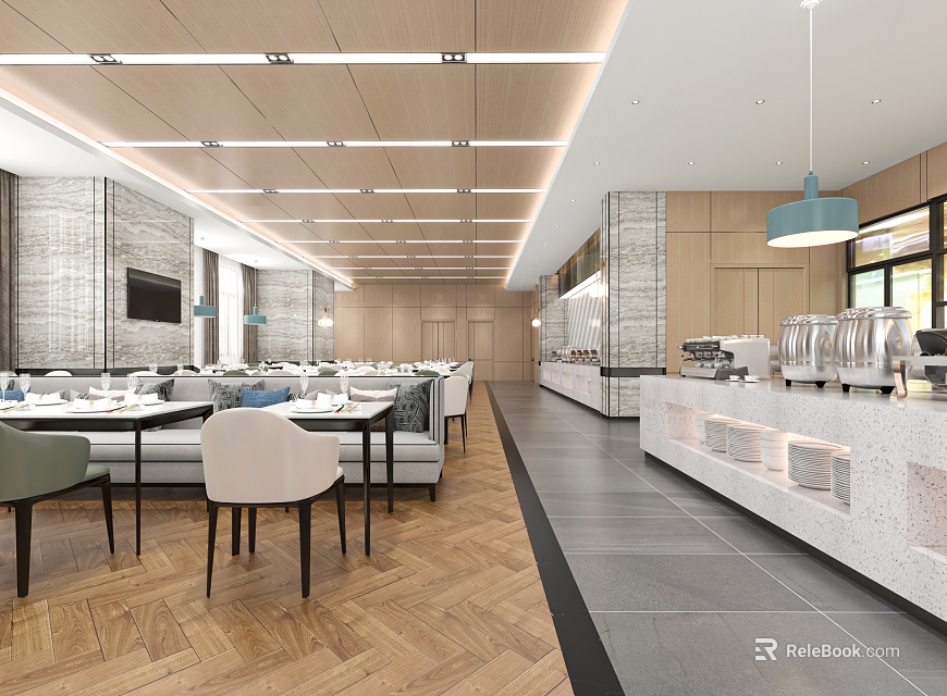 Modern Restaurant Interior Design With Spacious Dining Area Wooden Flooring Bar Counter And Hanging Lights 3d model 