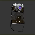 Vintage Silver And Brown Camera With Purple Lens And Leather Bag