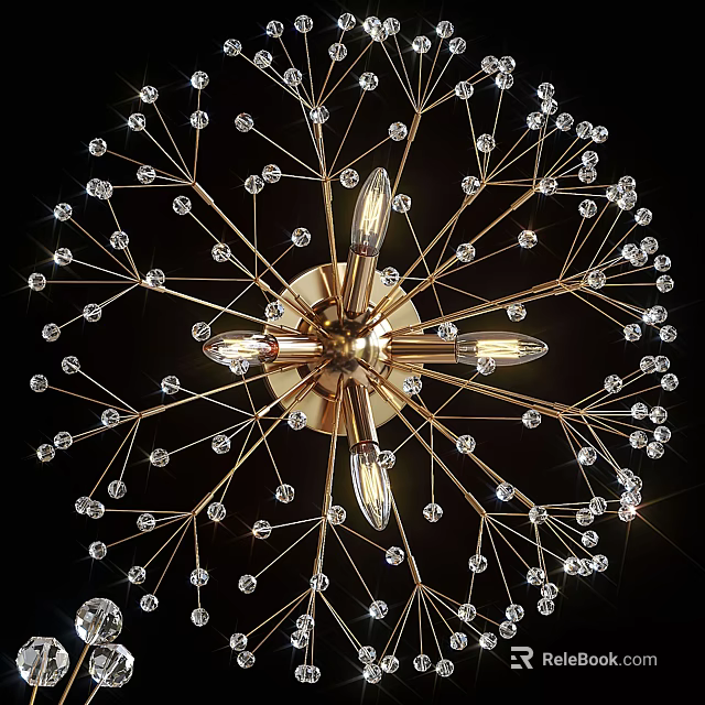 Modern Golden Starburst Chandelier With Sparkling Crystal Accents And Illuminated Bulbs 3d model 