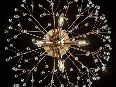 Modern Golden Starburst Chandelier With Sparkling Crystal Accents And Illuminated Bulbs 3d model