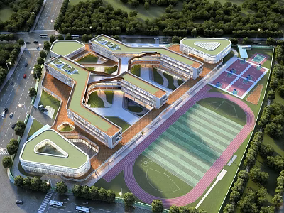Modern School Building Design with Unique Layout Green Roofs and Track Field Surrounded by Trees 3d model